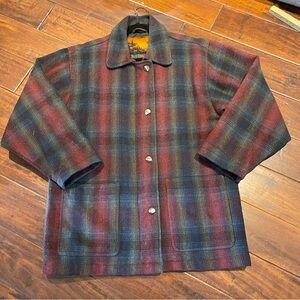 )Out Brook Coat sz Lg Wool Blend Green Maroon Plaid Full Zip Heavy